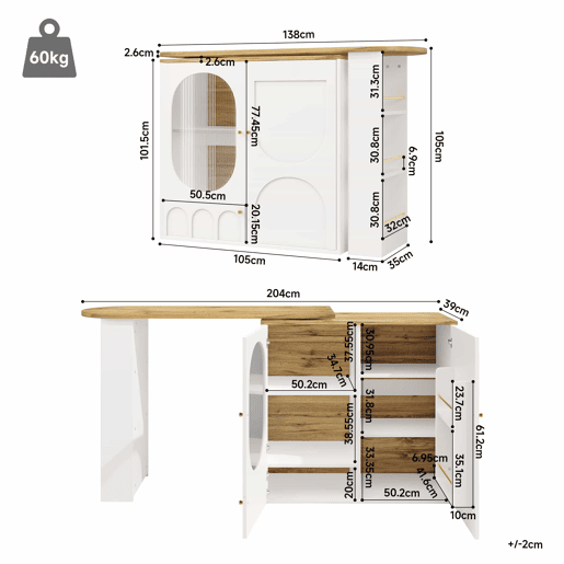 Conjunto de bar - ilha de cozinha com arrumação e 2 bancos altos, portas de vidro e prateleiras ajustáveis - branco Conjunto de bar - ilha de cozinha com arrumação e 2 bancos altos, portas de vidro e prateleiras ajustáveis - branco