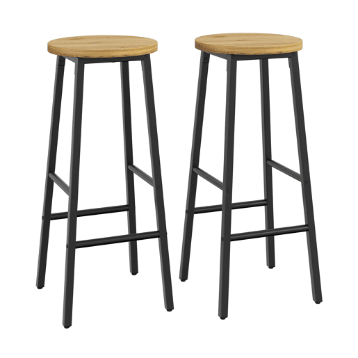 Bancos de bar de 70 cm - conjunto de 2, assento com efeito de madeira, apoio para os pés duplo, pernas ajustáveis, capacidade de carga de 150 kg - preto