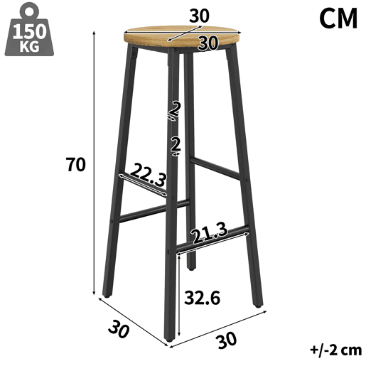 Bancos de bar de 70 cm - conjunto de 2, assento com efeito de madeira, apoio para os pés duplo, pernas ajustáveis, capacidade de carga de 150 kg - preto