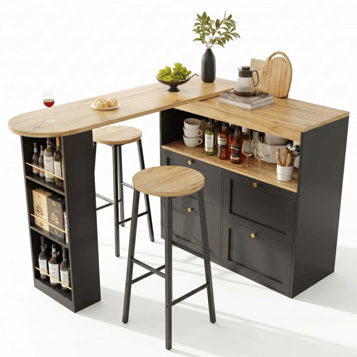 Conjunto de balcão com ilha de cozinha + 2 bancos altos - com arrumação, grelhas laterais e gavetas, estilo madeira - preto Conjunto de balcão com ilha de cozinha + 2 bancos altos - com arrumação, grelhas laterais e gavetas, estilo madeira - preto