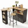 Conjunto de balcão com ilha de cozinha + 2 bancos altos - com arrumação, grelhas laterais e gavetas, estilo madeira - preto