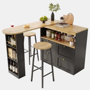 Conjunto de balcão com ilha de cozinha + 2 bancos altos - com arrumação, grelhas laterais e gavetas, estilo madeira - preto