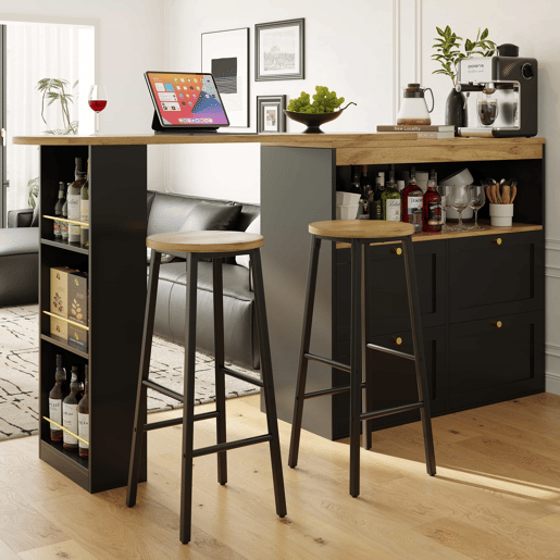 Conjunto de balcão com ilha de cozinha + 2 bancos altos - com arrumação, grelhas laterais e gavetas, estilo madeira - preto Conjunto de balcão com ilha de cozinha + 2 bancos altos - com arrumação, grelhas laterais e gavetas, estilo madeira - preto