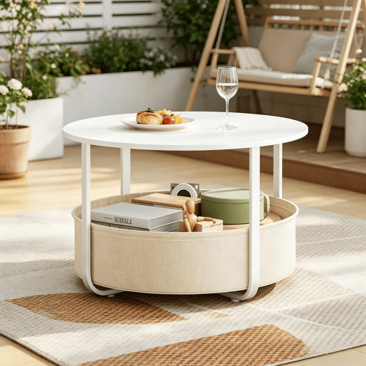 Mesa de apoio redonda - Design moderno e versátil para o sofá, sala de estar - Bege e branco Mesa de apoio redonda - Design moderno e versátil para o sofá, sala de estar - Bege e branco
