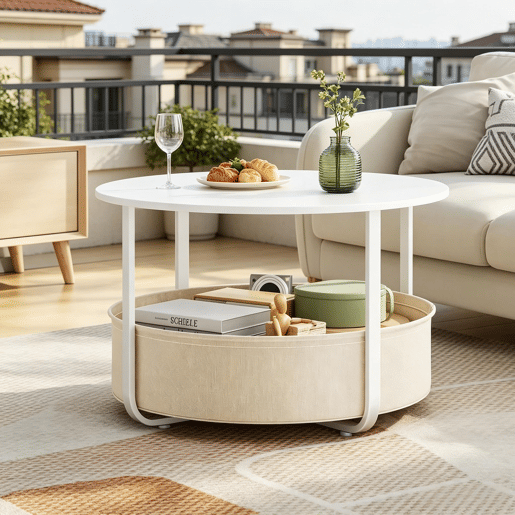 Mesa de apoio redonda - Design moderno e versátil para o sofá, sala de estar - Bege e branco Mesa de apoio redonda - Design moderno e versátil para o sofá, sala de estar - Bege e branco