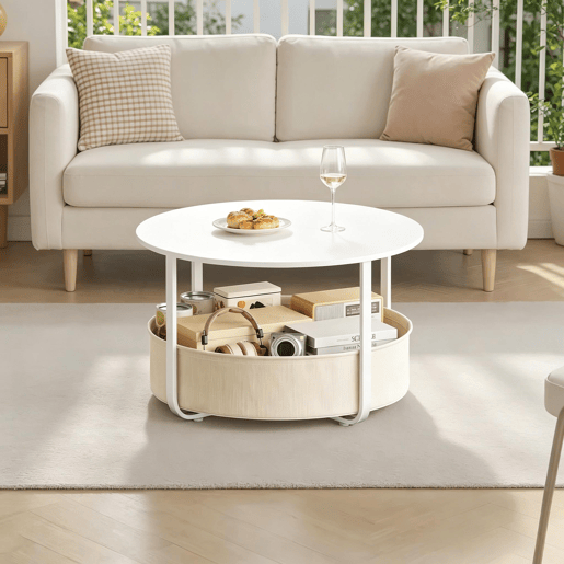 Mesa de apoio redonda - Design moderno e versátil para o sofá, sala de estar - Bege e branco Mesa de apoio redonda - Design moderno e versátil para o sofá, sala de estar - Bege e branco