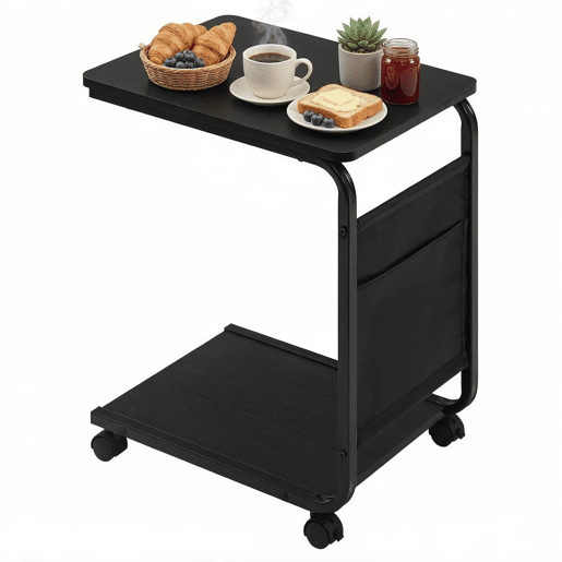 Mesa auxiliar de 50 cm - Design clássico com bolso lateral em tecido, mesa de sofá multifuncional - Preto Mesa auxiliar de 50 cm - Design clássico com bolso lateral em tecido, mesa de sofá multifuncional - Preto