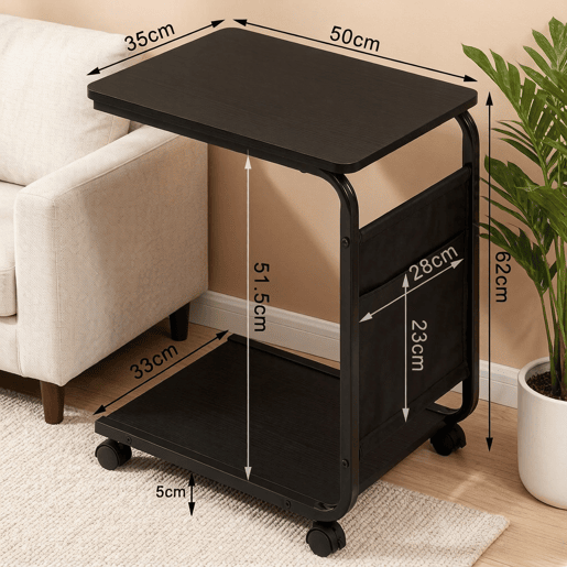 Mesa auxiliar de 50 cm - Design clássico com bolso lateral em tecido, mesa de sofá multifuncional - Preto Mesa auxiliar de 50 cm - Design clássico com bolso lateral em tecido, mesa de sofá multifuncional - Preto