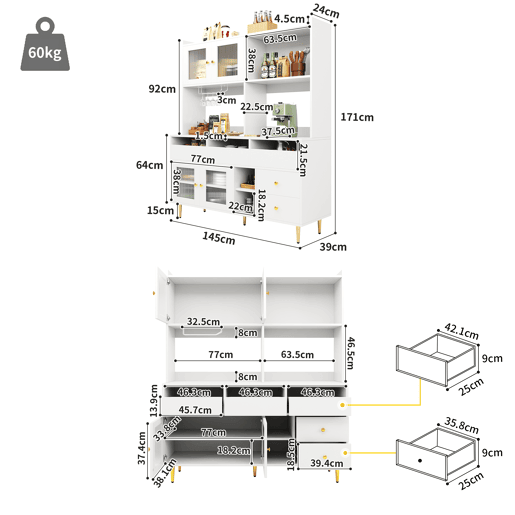Armário de cozinha de mdf com 4 portas e 5 gavetas,branco