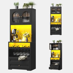Armário de cozinha de mdf com 2 portas,2 gavetas e luz led,preto