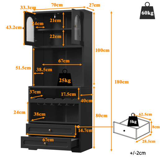 Armário de cozinha de mdf com 2 portas,2 gavetas e luz led,preto Armário de cozinha de mdf com 2 portas,2 gavetas e luz led,preto