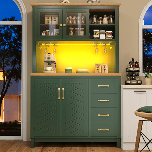 Armário de cozinha de mdf com 4 portas,4 gavetas e luz led,verde Armário de cozinha de mdf com 4 portas,4 gavetas e luz led,verde