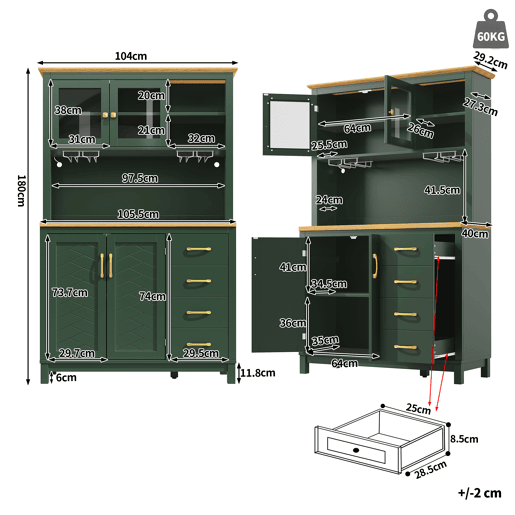 Armário de cozinha de mdf com 4 portas,4 gavetas e luz led,verde Armário de cozinha de mdf com 4 portas,4 gavetas e luz led,verde