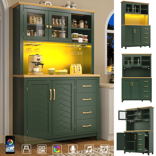 Armário de cozinha de mdf com 4 portas,4 gavetas e luz led,verde Armário de cozinha de mdf com 4 portas,4 gavetas e luz led,verde