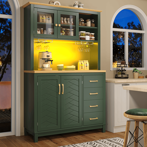 Armário de cozinha de mdf com 4 portas,4 gavetas e luz led,verde Armário de cozinha de mdf com 4 portas,4 gavetas e luz led,verde