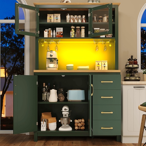 Armário de cozinha de mdf com 4 portas,4 gavetas e luz led,verde Armário de cozinha de mdf com 4 portas,4 gavetas e luz led,verde