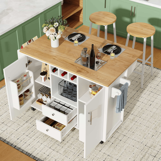 Carrinho de cozinha com 2 bancos - com bancada dobrável, suporte para garrafas, porta-especiarias, prateleiras ajustáveis e toalheiro - branco Carrinho de cozinha com 2 bancos - com bancada dobrável, suporte para garrafas, porta-especiarias, prateleiras ajustáveis e toalheiro - branco