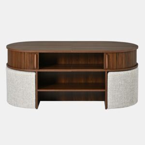 Mesa de centro oval com arrumação + bancos - design com painel de ranhuras verticais, portas de correr, puxadores metálicos - nogueira