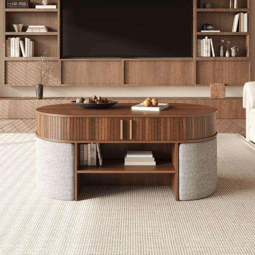 Mesa de centro oval com arrumação + bancos - design com painel de ranhuras verticais, portas de correr, puxadores metálicos - nogueira Mesa de centro oval com arrumação + bancos - design com painel de ranhuras verticais, portas de correr, puxadores metálicos - nogueira