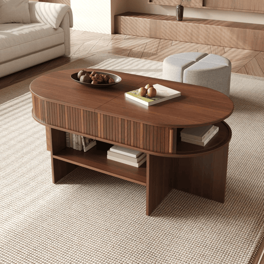 Mesa de centro oval com arrumação + bancos - design com painel de ranhuras verticais, portas de correr, puxadores metálicos - nogueira Mesa de centro oval com arrumação + bancos - design com painel de ranhuras verticais, portas de correr, puxadores metálicos - nogueira