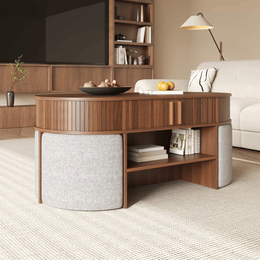 Mesa de centro oval com arrumação + bancos - design com painel de ranhuras verticais, portas de correr, puxadores metálicos - nogueira Mesa de centro oval com arrumação + bancos - design com painel de ranhuras verticais, portas de correr, puxadores metálicos - nogueira