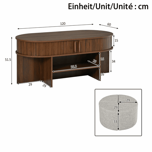 Mesa de centro oval com arrumação + bancos - design com painel de ranhuras verticais, portas de correr, puxadores metálicos - nogueira Mesa de centro oval com arrumação + bancos - design com painel de ranhuras verticais, portas de correr, puxadores metálicos - nogueira