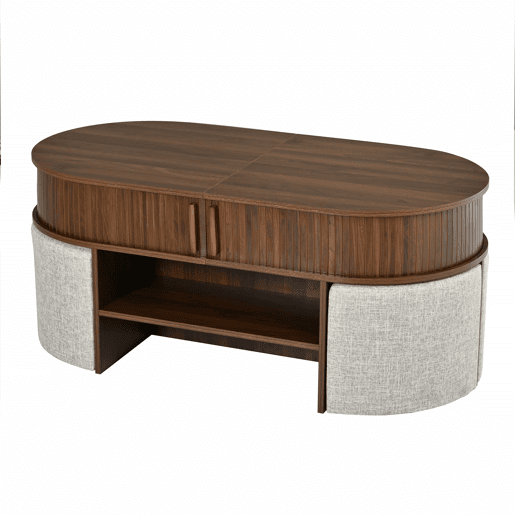 Mesa de centro oval com arrumação + bancos - design com painel de ranhuras verticais, portas de correr, puxadores metálicos - nogueira Mesa de centro oval com arrumação + bancos - design com painel de ranhuras verticais, portas de correr, puxadores metálicos - nogueira