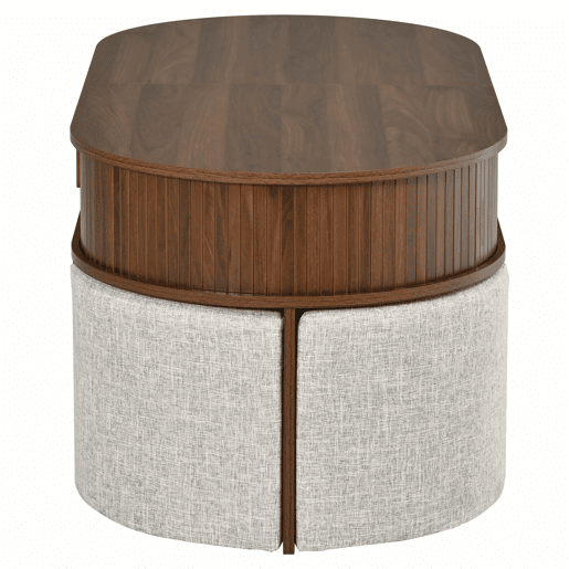 Mesa de centro oval com arrumação + bancos - design com painel de ranhuras verticais, portas de correr, puxadores metálicos - nogueira Mesa de centro oval com arrumação + bancos - design com painel de ranhuras verticais, portas de correr, puxadores metálicos - nogueira