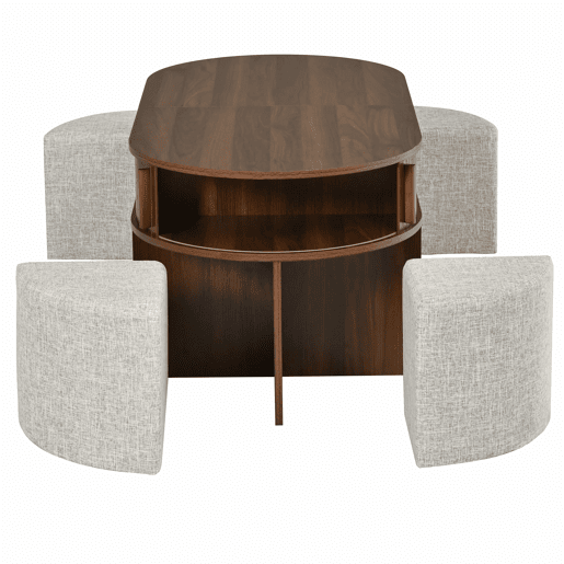 Mesa de centro oval com arrumação + bancos - design com painel de ranhuras verticais, portas de correr, puxadores metálicos - nogueira Mesa de centro oval com arrumação + bancos - design com painel de ranhuras verticais, portas de correr, puxadores metálicos - nogueira