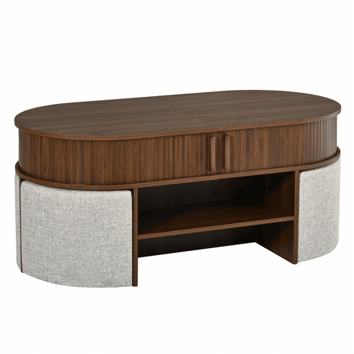 Mesa de centro oval com arrumação + bancos - design com painel de ranhuras verticais, portas de correr, puxadores metálicos - nogueira Mesa de centro oval com arrumação + bancos - design com painel de ranhuras verticais, portas de correr, puxadores metálicos - nogueira