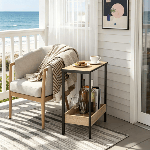 Mesa auxiliar de 50 cm - Quadrada com espaço de arrumação, mesa de sofá e de telefone - Preta e carvalho claro Mesa auxiliar de 50 cm - Quadrada com espaço de arrumação, mesa de sofá e de telefone - Preta e carvalho claro
