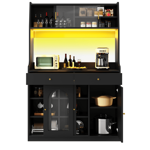 Armário de cozinha de mdf com 5 portas,2 gavetas e luz led,preto Armário de cozinha de mdf com 5 portas,2 gavetas e luz led,preto