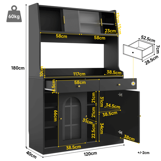 Armário de cozinha de mdf com 5 portas,2 gavetas e luz led,preto Armário de cozinha de mdf com 5 portas,2 gavetas e luz led,preto