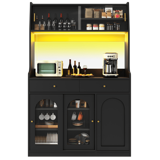 Armário de cozinha de mdf com 5 portas,2 gavetas e luz led,preto Armário de cozinha de mdf com 5 portas,2 gavetas e luz led,preto