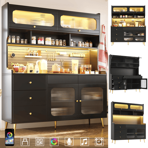 Armário de cozinha de mdf com 4 portas,4 gavetas e luz led,preto