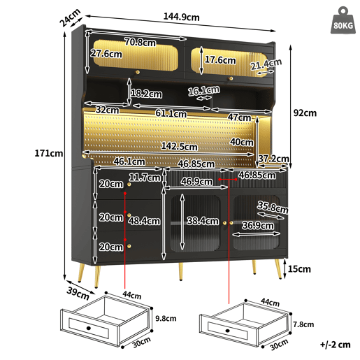 Armário de cozinha de mdf com 4 portas,4 gavetas e luz led,preto