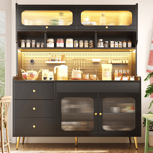 Armário de cozinha de mdf com 4 portas,4 gavetas e luz led,preto
