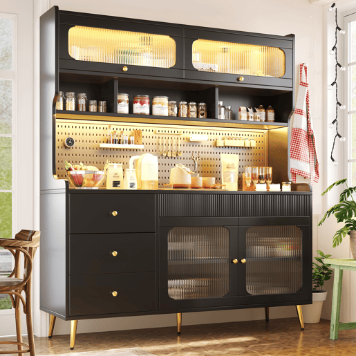 Armário de cozinha de mdf com 4 portas,4 gavetas e luz led,preto