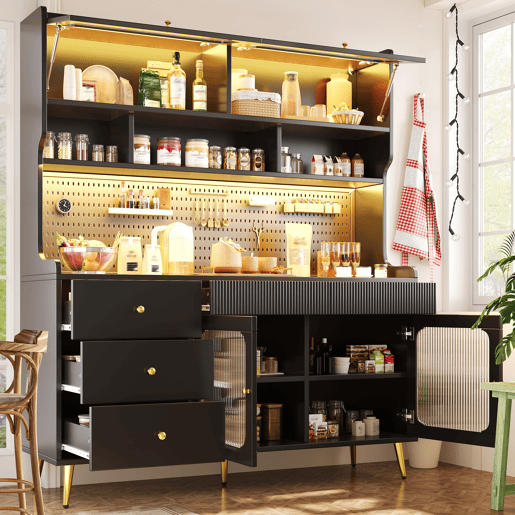 Armário de cozinha de mdf com 4 portas,4 gavetas e luz led,preto