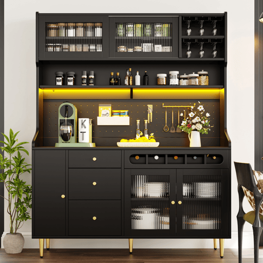 Armário de cozinha de mdf com 4 portas,4 gavetas e luz led,preto
