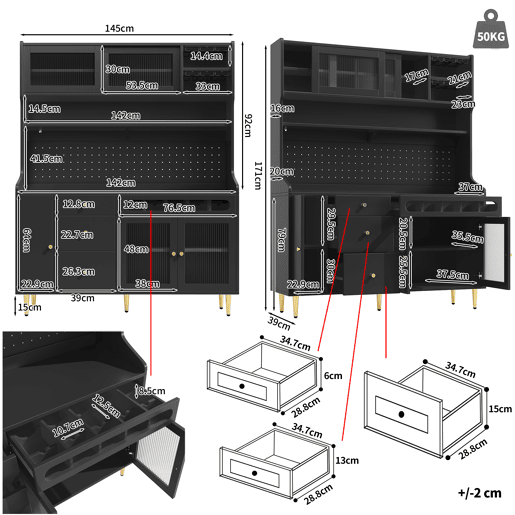 Armário de cozinha de mdf com 4 portas,4 gavetas e luz led,preto