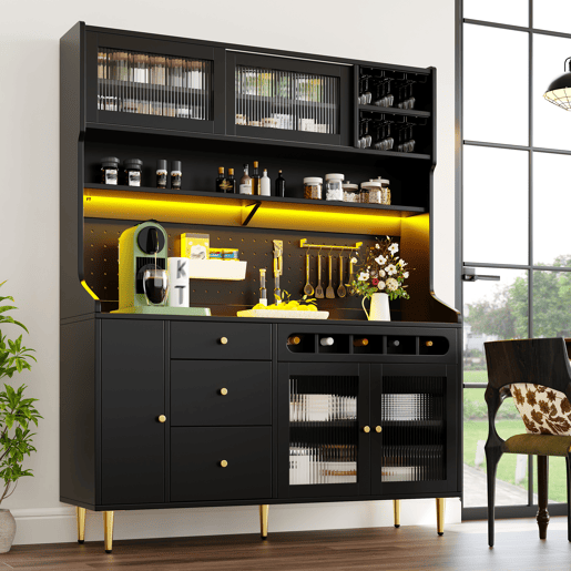 Armário de cozinha de mdf com 4 portas,4 gavetas e luz led,preto