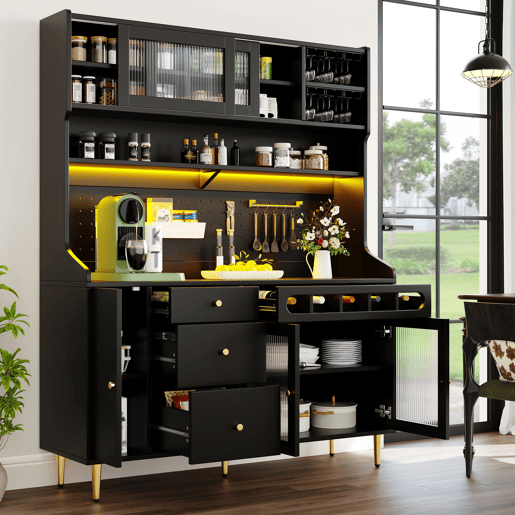 Armário de cozinha de mdf com 4 portas,4 gavetas e luz led,preto
