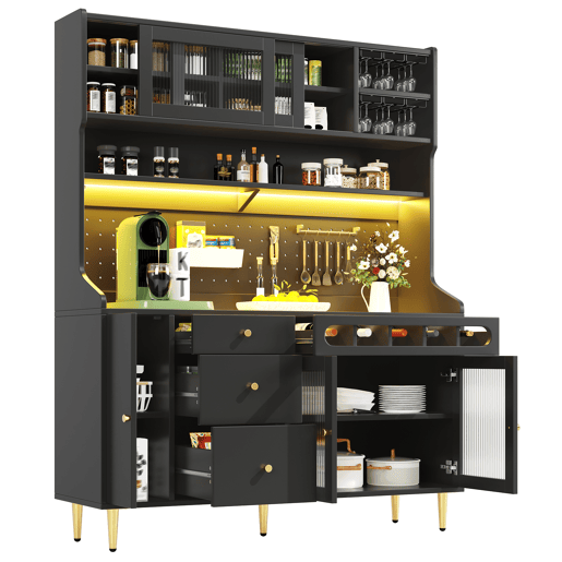 Armário de cozinha de mdf com 4 portas,4 gavetas e luz led,preto