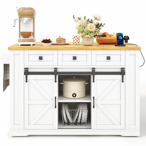 Ilha de cozinha móvel 130x50(80)x87 cm u2013 bancada dobrável, portas de correr, tomadas e prateleiras de arrumação u2013 Branco e natural