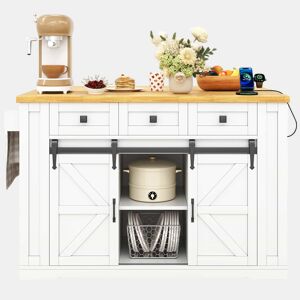 Ilha de cozinha móvel 130x50(80)x87 cm u2013 bancada dobrável, portas de correr, tomadas e prateleiras de arrumação u2013 Branco e natural
