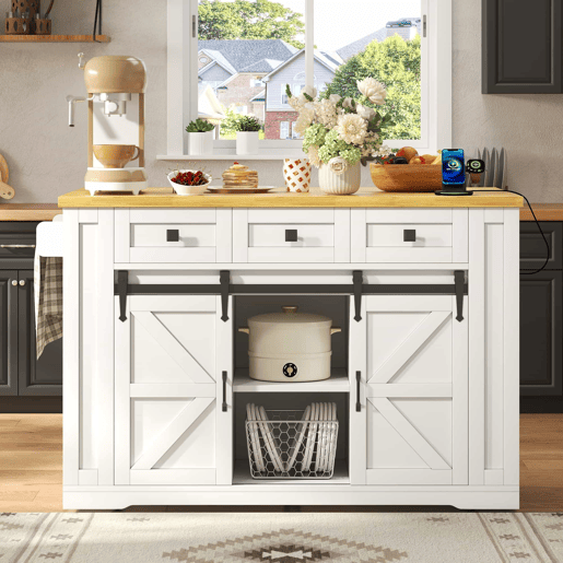 Ilha de cozinha móvel 130x50(80)x87 cm u2013 bancada dobrável, portas de correr, tomadas e prateleiras de arrumação u2013 Branco e natural