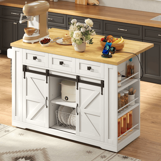 Ilha de cozinha móvel 130x50(80)x87 cm u2013 bancada dobrável, portas de correr, tomadas e prateleiras de arrumação u2013 Branco e natural
