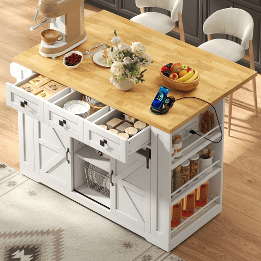 Ilha de cozinha móvel 130x50(80)x87 cm u2013 bancada dobrável, portas de correr, tomadas e prateleiras de arrumação u2013 Branco e natural