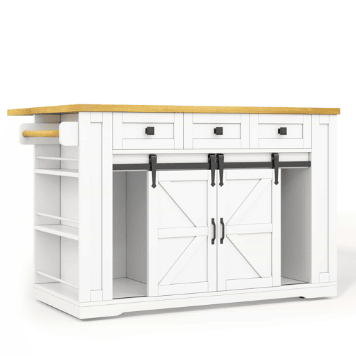 Ilha de cozinha móvel 130x50(80)x87 cm u2013 bancada dobrável, portas de correr, tomadas e prateleiras de arrumação u2013 Branco e natural